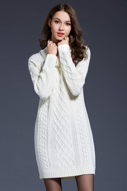 Woven Right Full Size Mixed Knit Cowl Neck Dropped Shoulder Sweater Dress