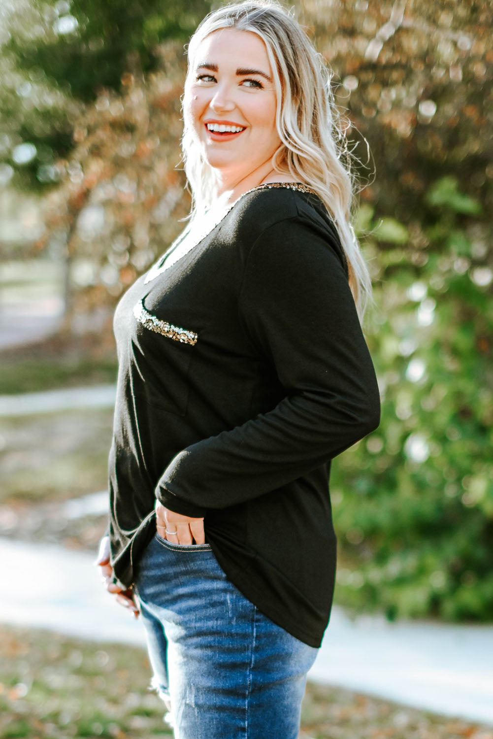 Plus Size Sequin V-Neck Long Sleeve T-Shirt - UrbanEthereal