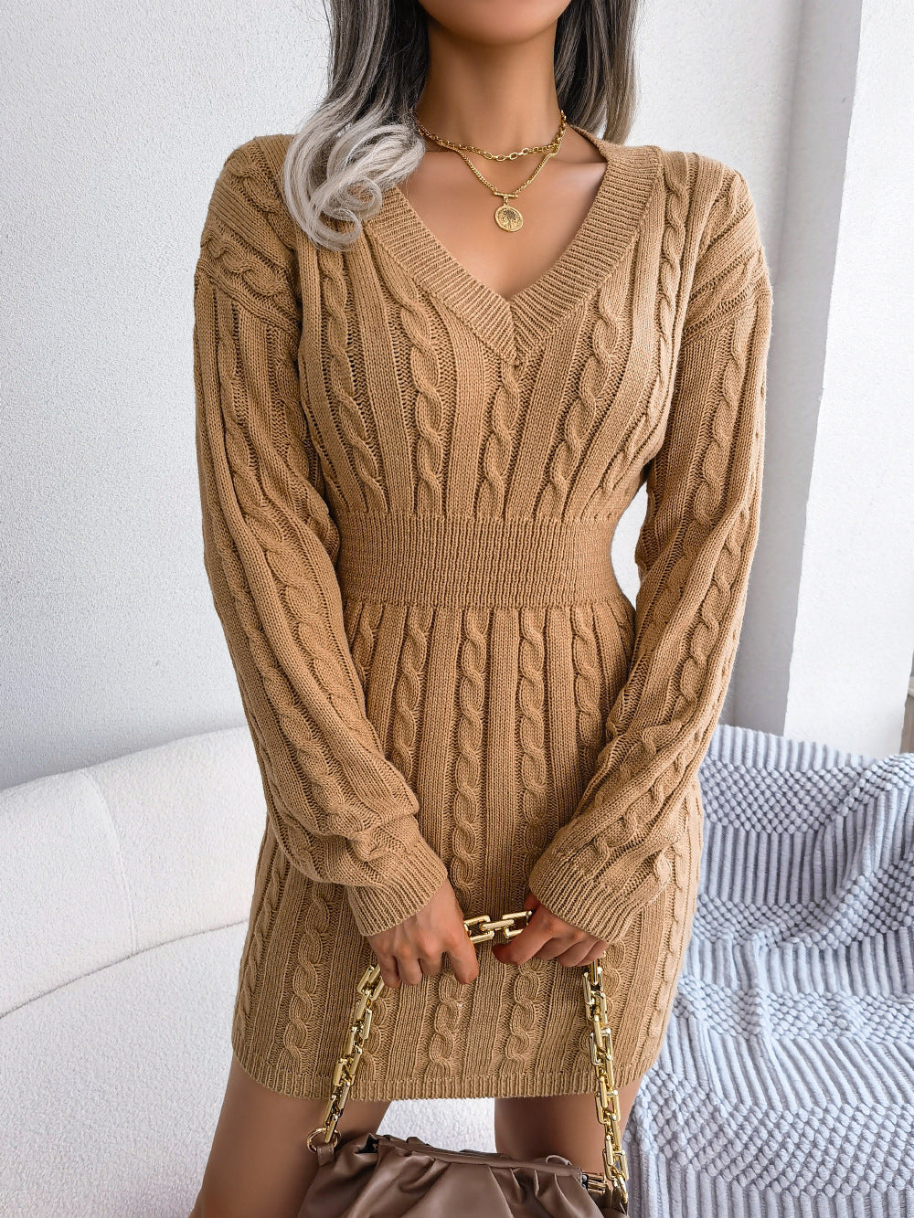 Cable-Knit V-Neck Mini Sweater Dress