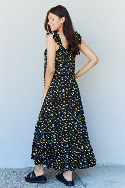 Doublju In The Garden Ruffle Floral Maxi Dress in Black Yellow Floral - UrbanEthereal