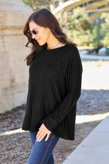 Basic Bae Full Size Ribbed Round Neck Long Sleeve Knit Top - UrbanEthereal