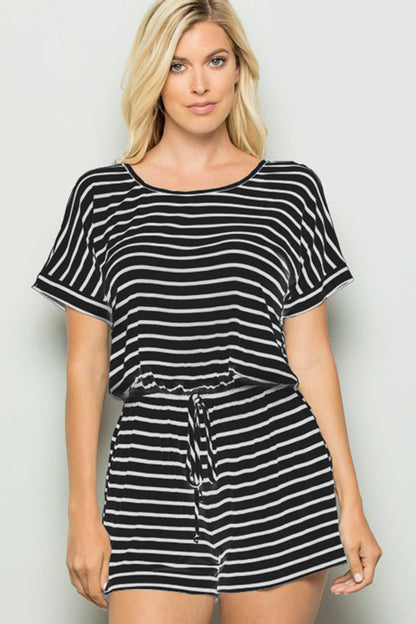 Heimish Full Size Striped Round Neck Short Sleeve Romper - UrbanEthereal