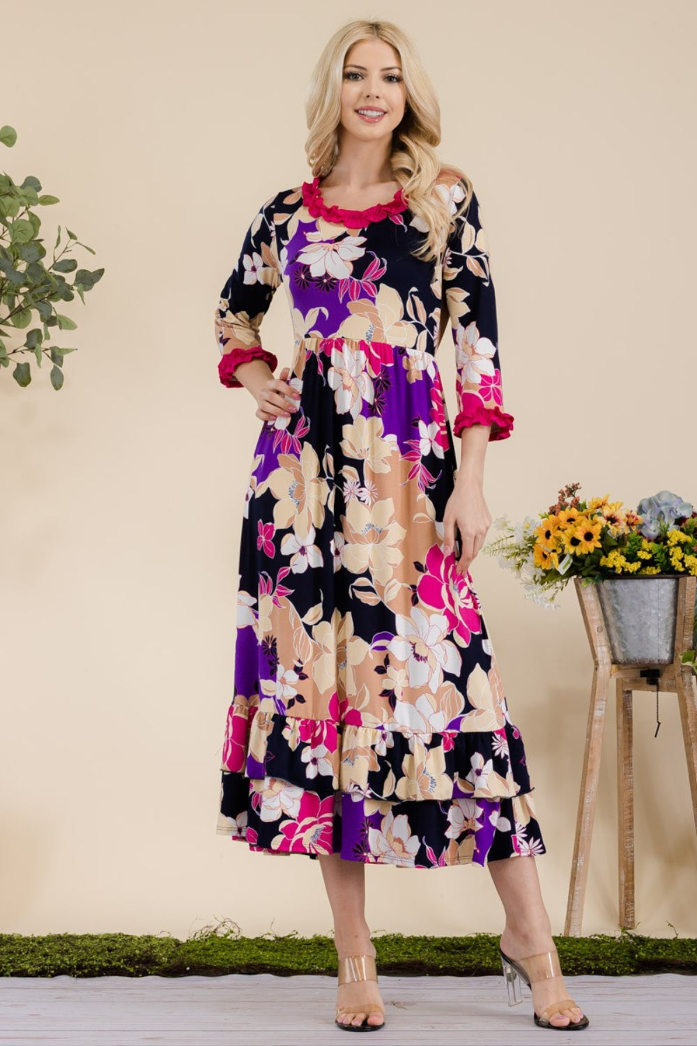Celeste Full Size Floral Ruffled Midi Dress - UrbanEthereal