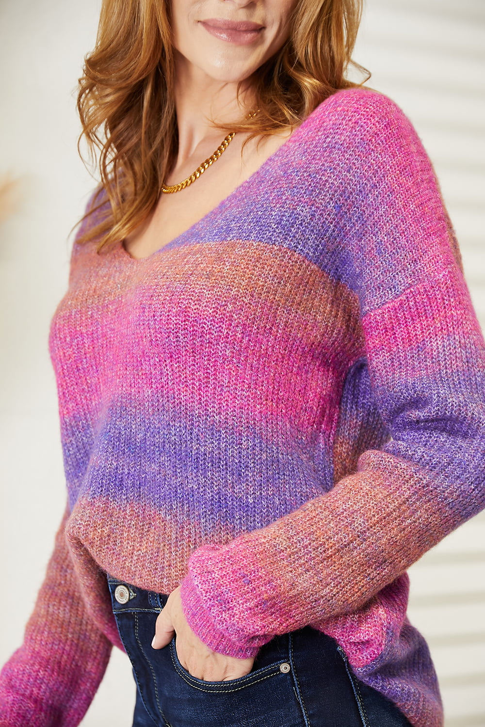 Angel Wings Multicolored Rib-Knit V-Neck Knit Pullover - UrbanEthereal