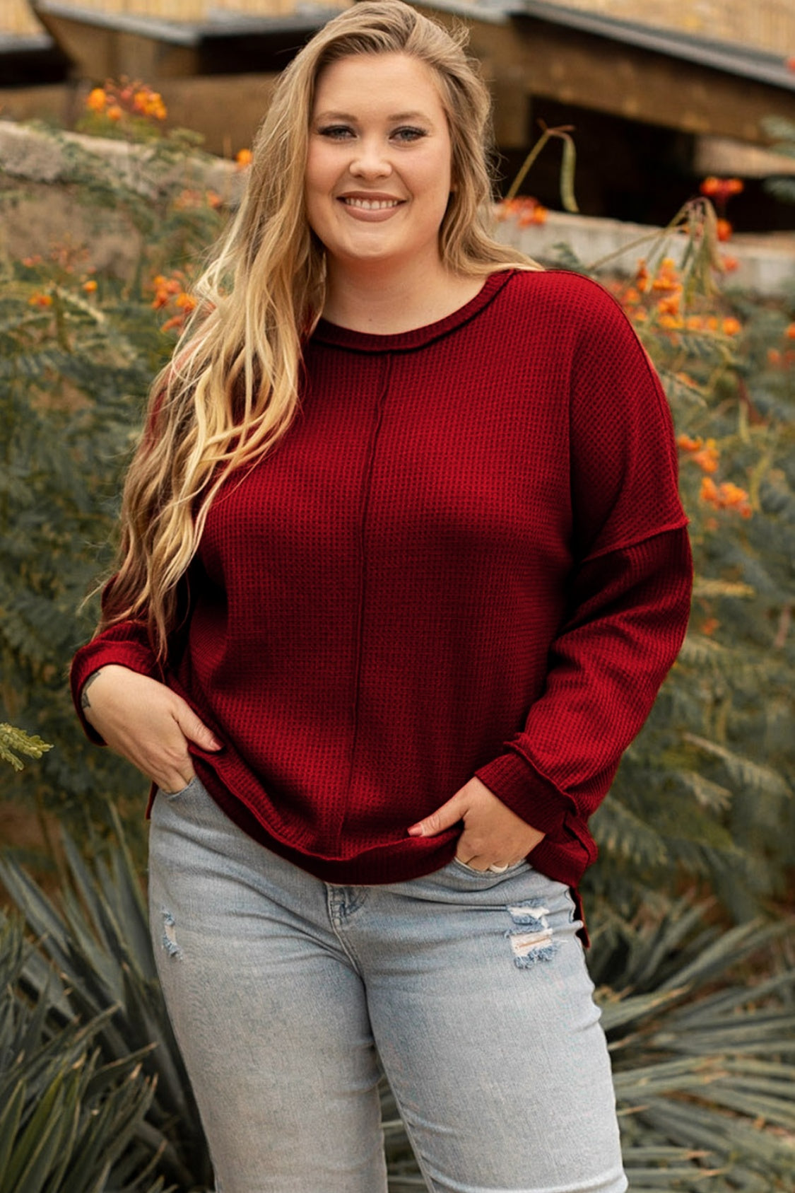 Plus Size Exposed Seam Waffle-Knit High-Low Sweatshirt - UrbanEthereal