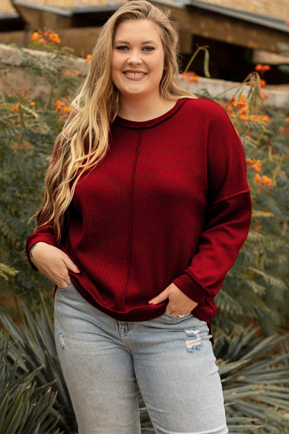 Plus Size Exposed Seam Waffle-Knit High-Low Sweatshirt - UrbanEthereal