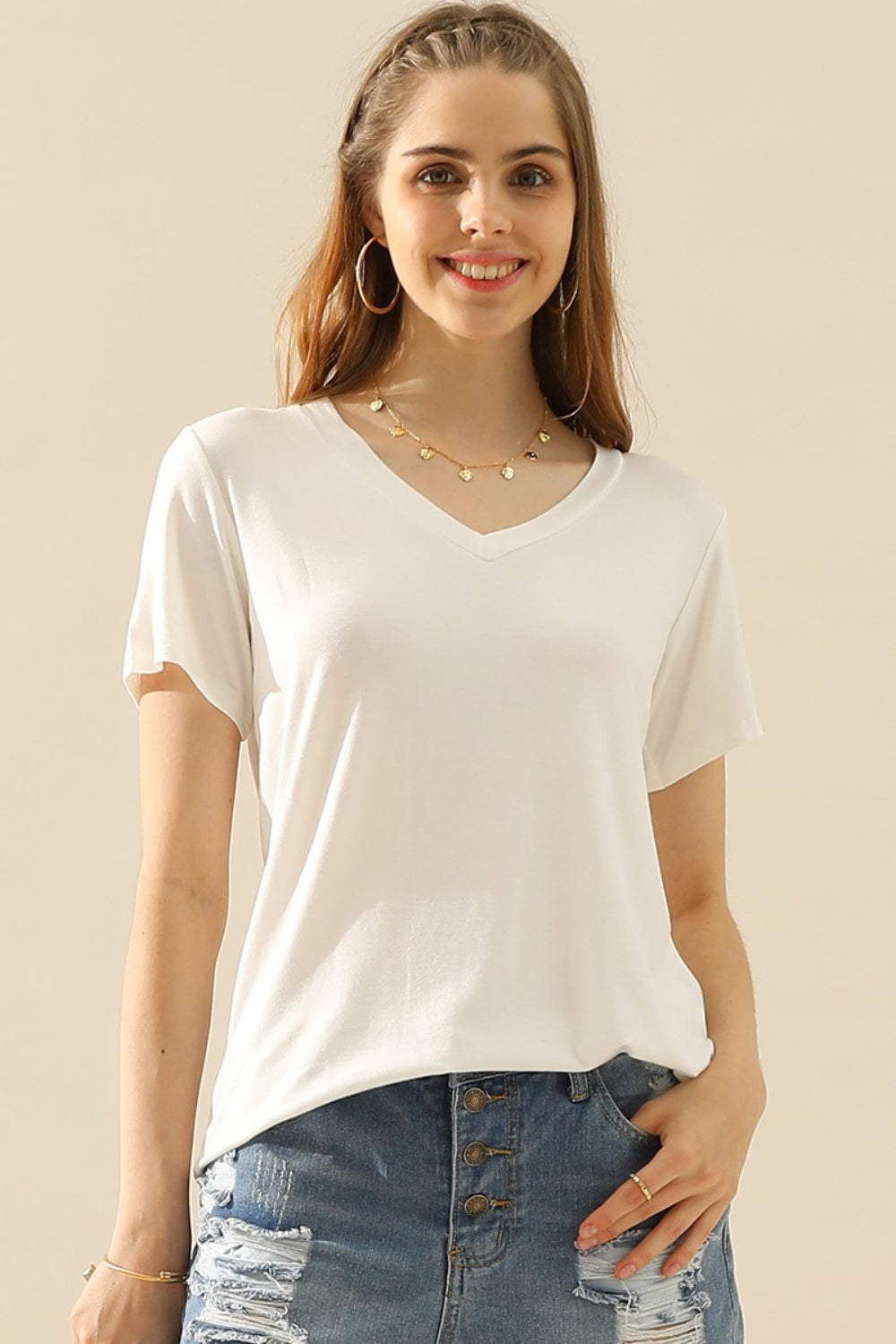 Ninexis Full Size V-Neck Short Sleeve T-Shirt - UrbanEthereal