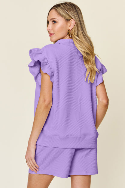 Double Take Full Size Texture Flounce Sleeve Top and Drawstring Shorts Set - UrbanEthereal