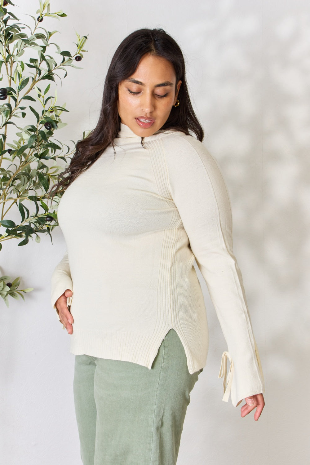 Heimish Full Size Ribbed Bow Detail Long Sleeve Turtleneck Knit Top - UrbanEthereal