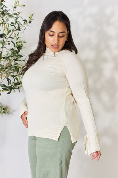 Heimish Full Size Ribbed Bow Detail Long Sleeve Turtleneck Knit Top - UrbanEthereal
