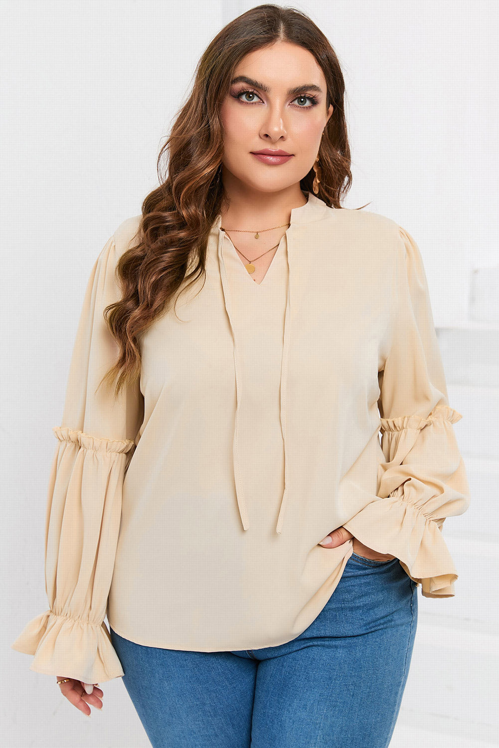 Plus Size Ruffled Tie Neck Flounce Sleeve Blouse - UrbanEthereal