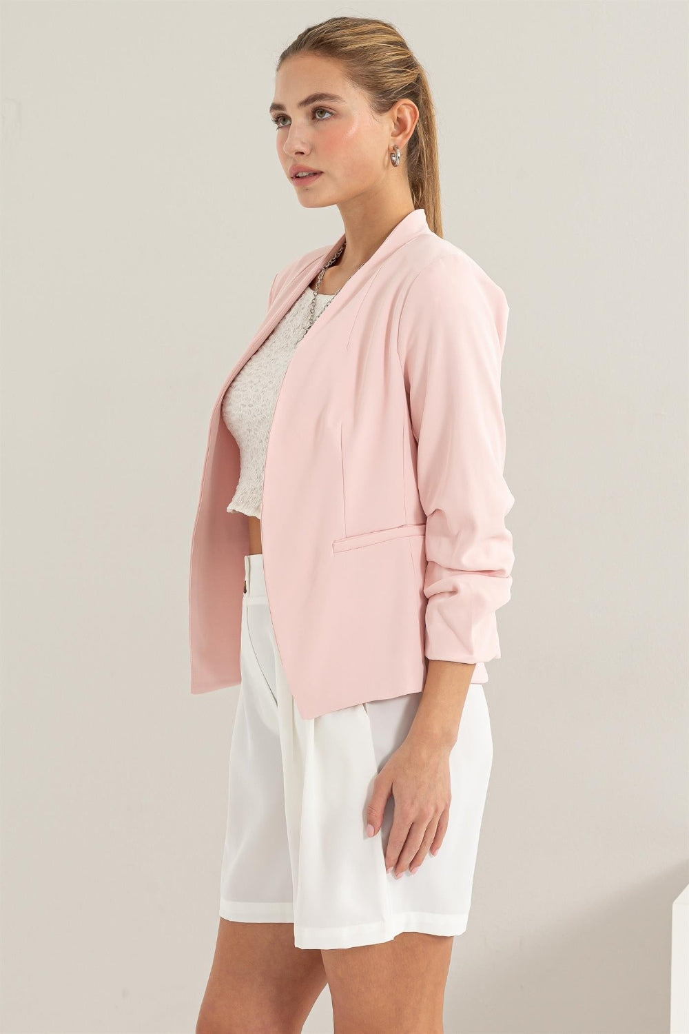 HYFVE Open Front Ruched Sleeve Blazer - UrbanEthereal