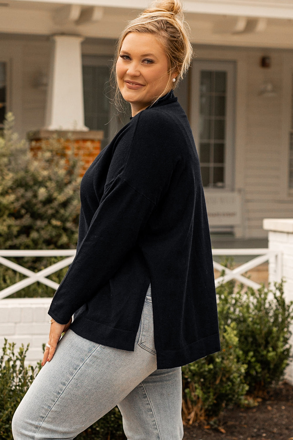 Plus Size Mock Neck Dropped Shoulder Sweater - UrbanEthereal