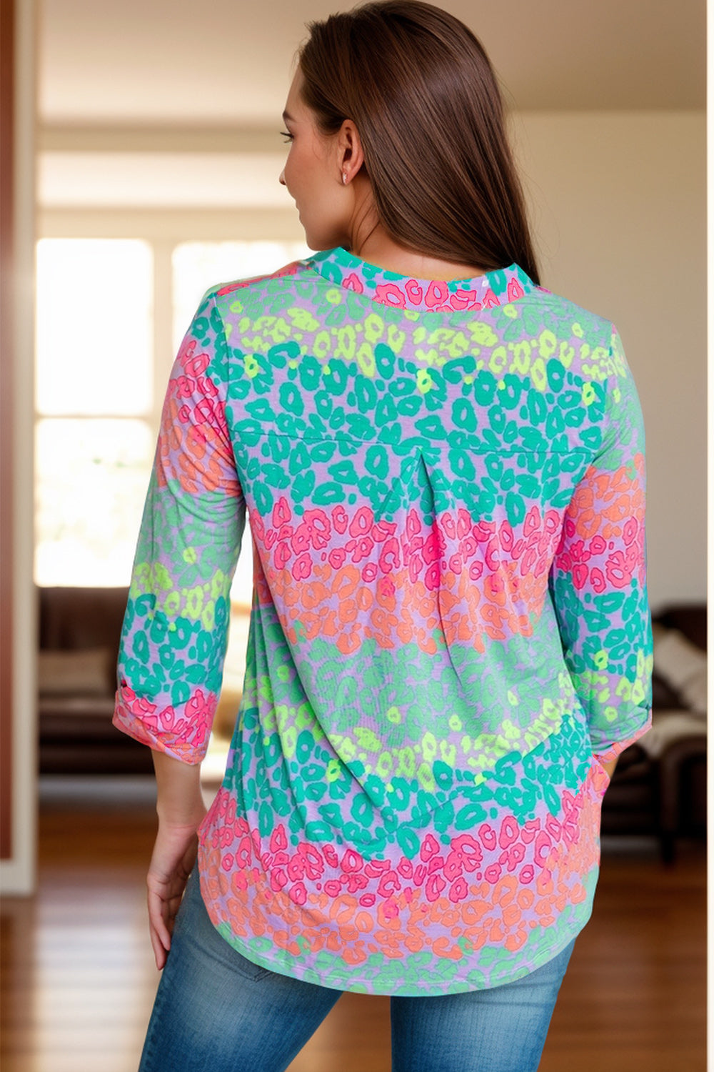 Plus Size Leopard Notched Long Sleeve Blouse - UrbanEthereal