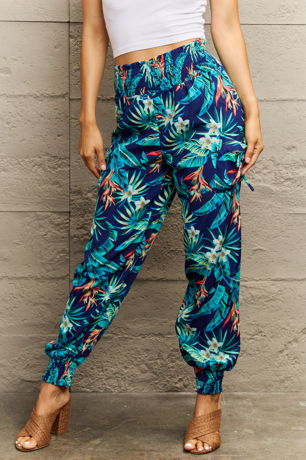 Perfee Smocked Plant Print Long Pants