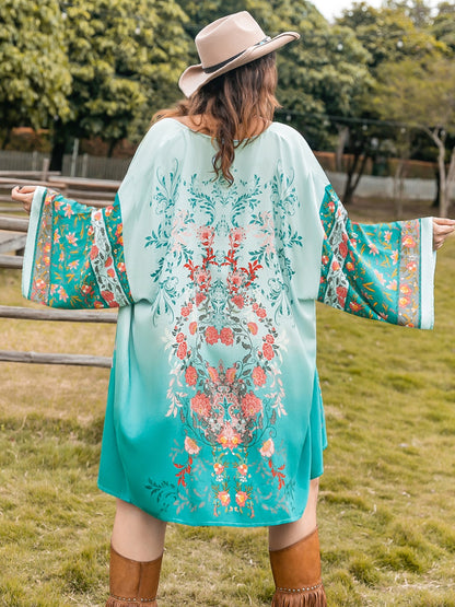 Plus Size Printed Open Front Long Sleeve Cover Up - UrbanEthereal