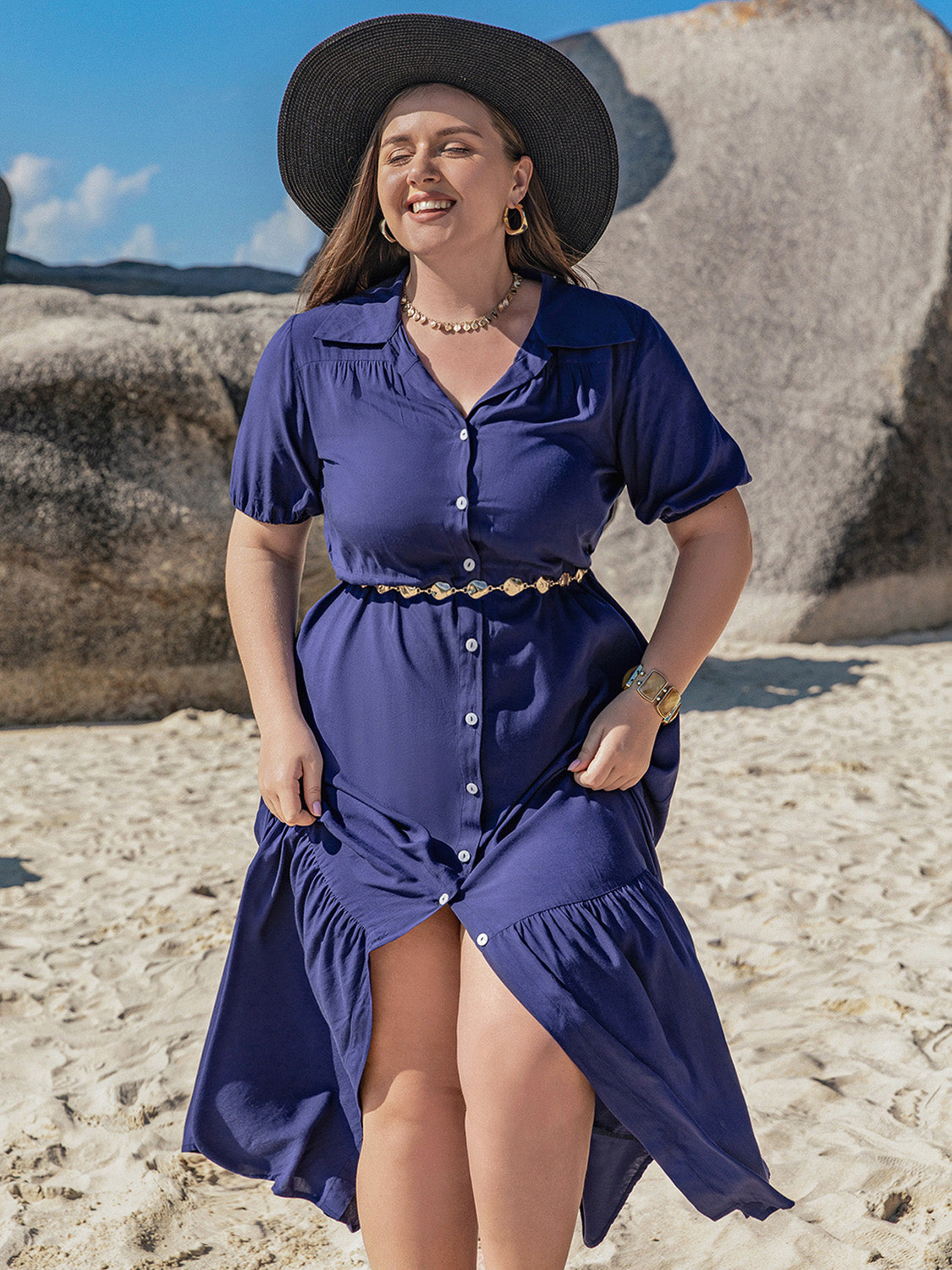 Plus Size Collared Neck Short Sleeve Midi Dress - UrbanEthereal