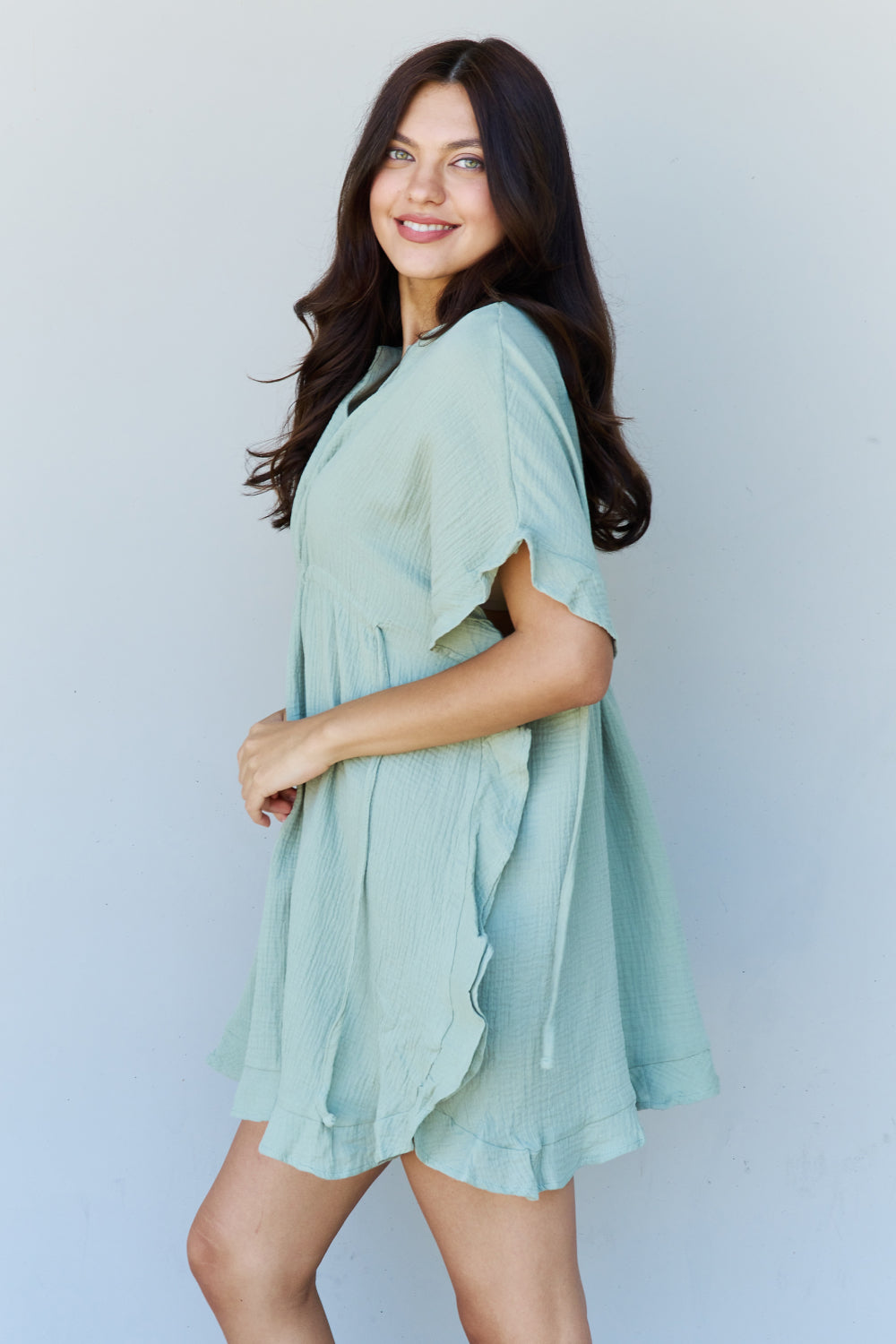 Ninexis Out Of Time Full Size Ruffle Hem Dress with Drawstring Waistband in Light Sage - UrbanEthereal