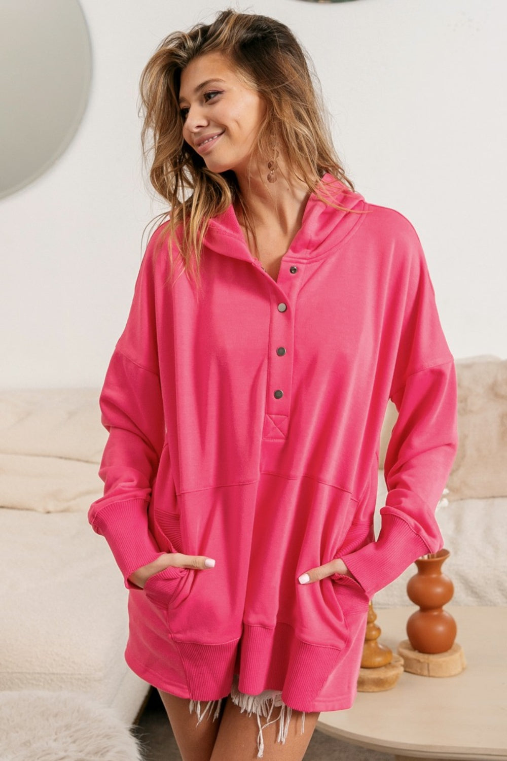 BiBi Half Snap Thumbhole Long Sleeve Hoodie - UrbanEthereal