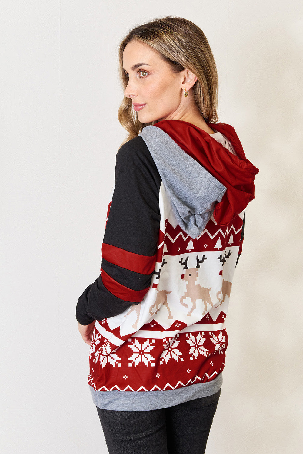 Double Take Full Size Christmas Drawstring Long Sleeve Hoodie - UrbanEthereal