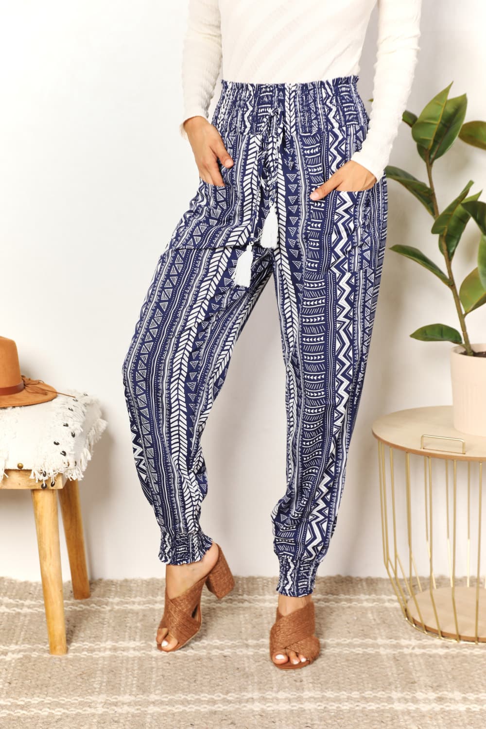 Geometric Print Tassel High-Rise Pants - UrbanEthereal