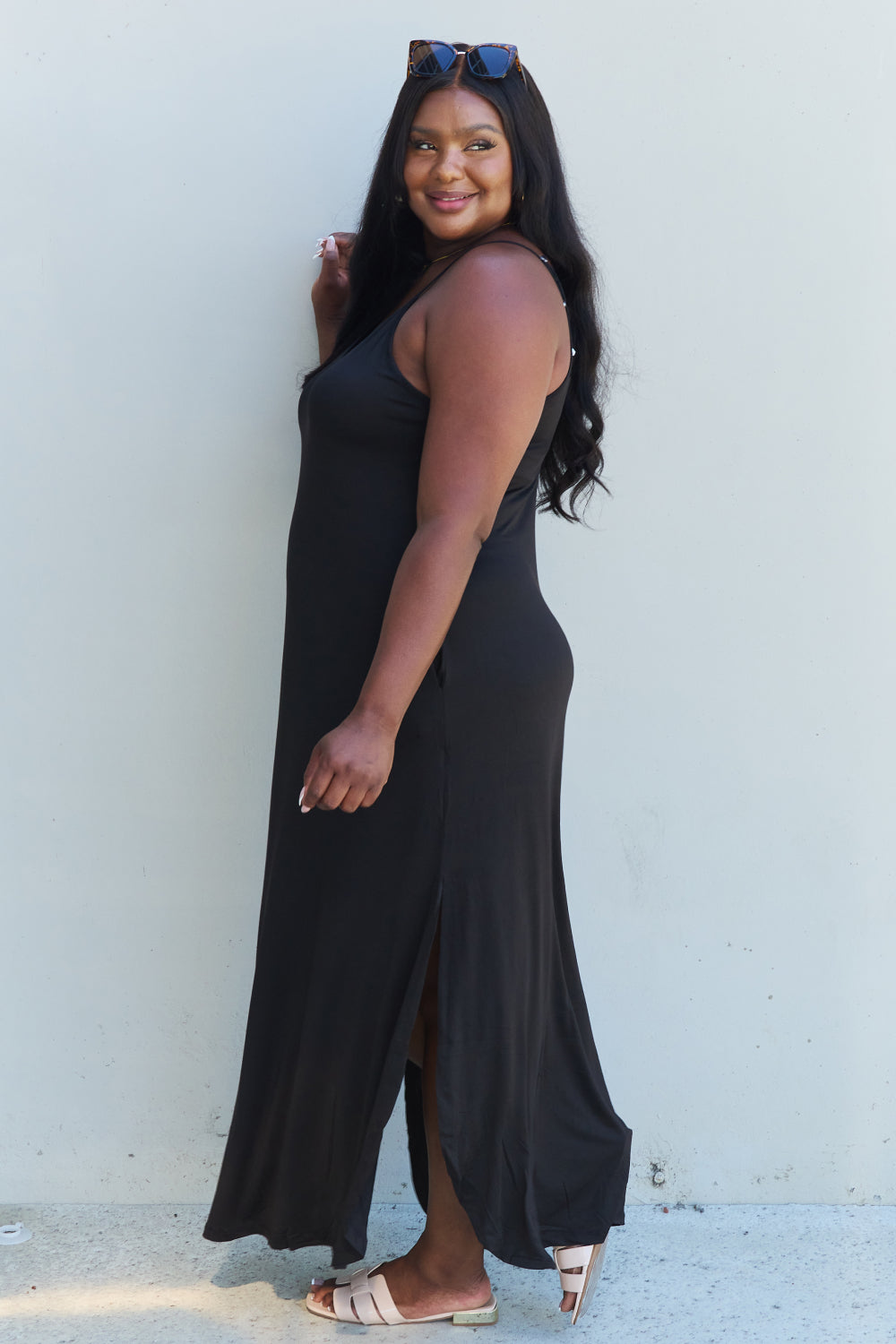 Ninexis Good Energy Full Size Cami Side Slit Maxi Dress in Black - UrbanEthereal