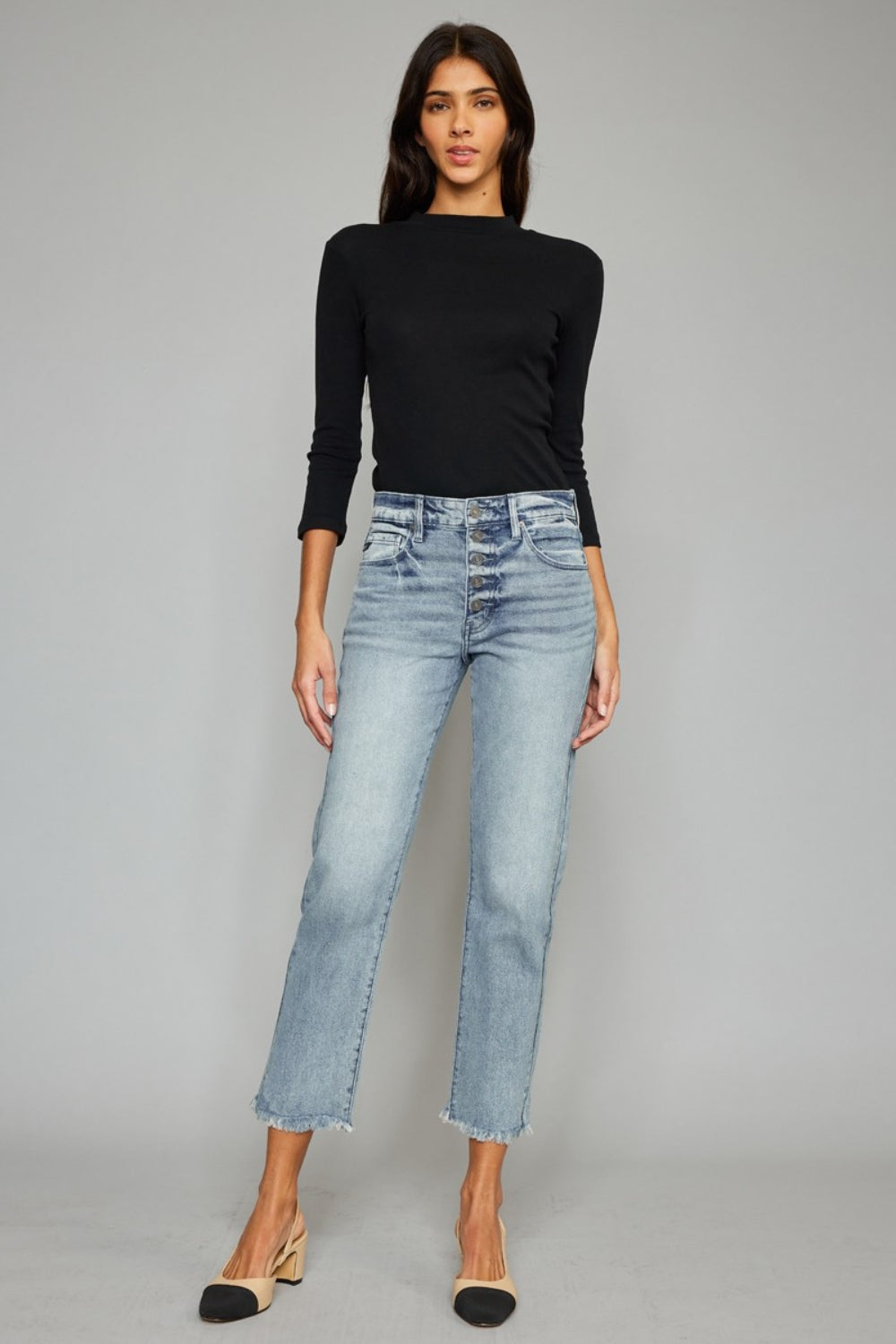 Kancan High Waist Button Fly Raw Hem Cropped Straight Jeans - UrbanEthereal