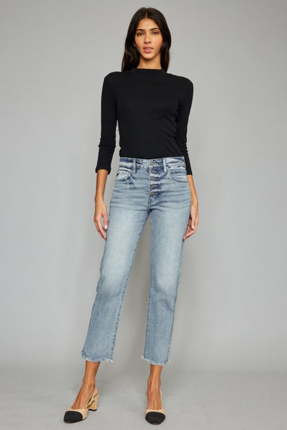 Kancan High Waist Button Fly Raw Hem Cropped Straight Jeans - UrbanEthereal