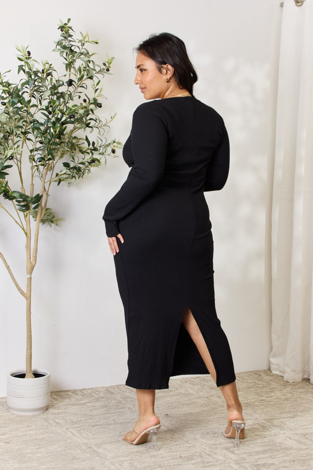 Culture Code Full Size Ribbed Long Sleeve Midi Slit Dress - UrbanEthereal