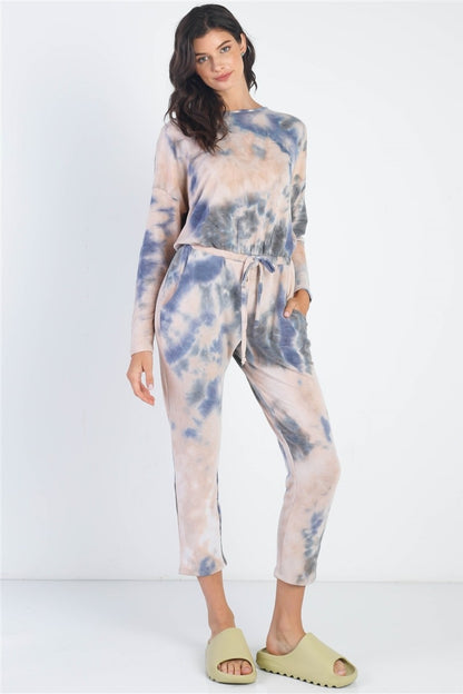 Cherish Apparel Tie-Dye Round Neck Long Sleeve Jumpsuit - UrbanEthereal