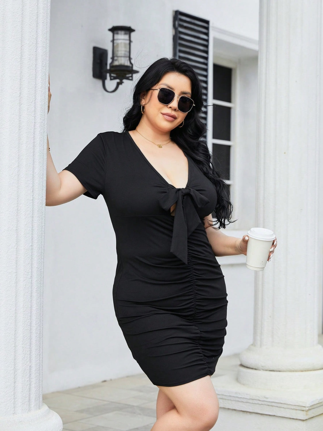 Plus Size Ruched Tied Short Sleeve Mini Dress - UrbanEthereal