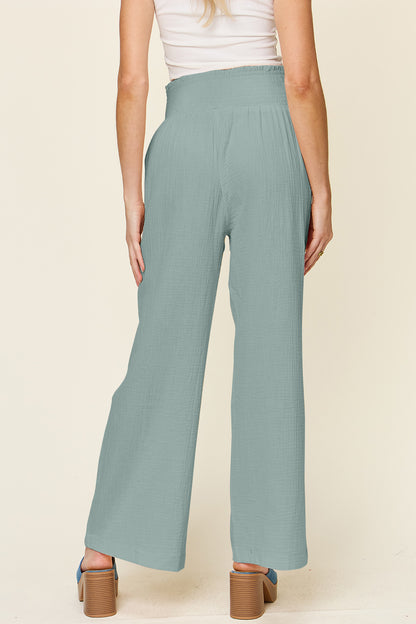 Double Take Full Size Texture Smocked Waist Wide Leg Pants - UrbanEthereal