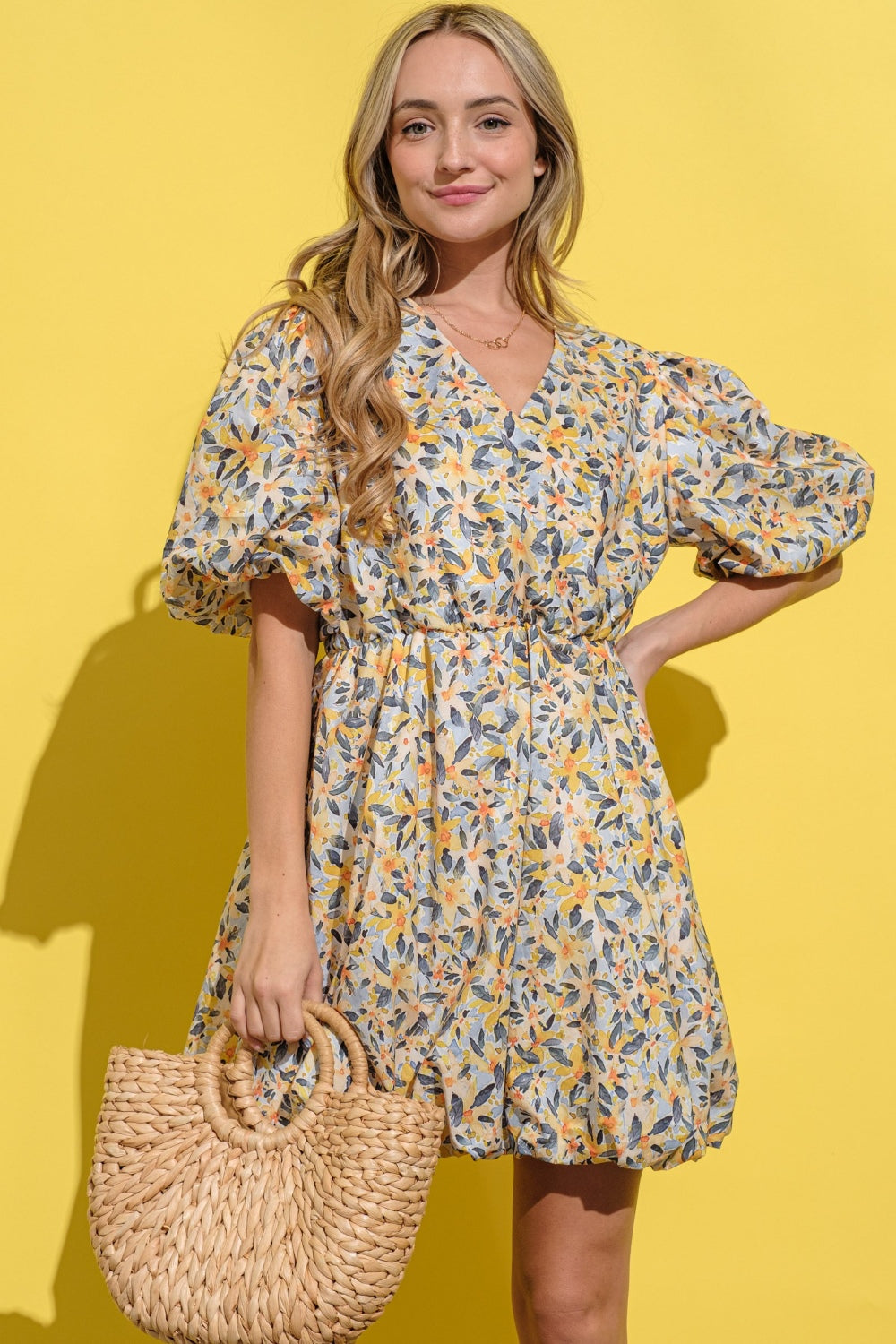And The Why Full Size Floral Surplice Puff Sleeve Dress - UrbanEthereal