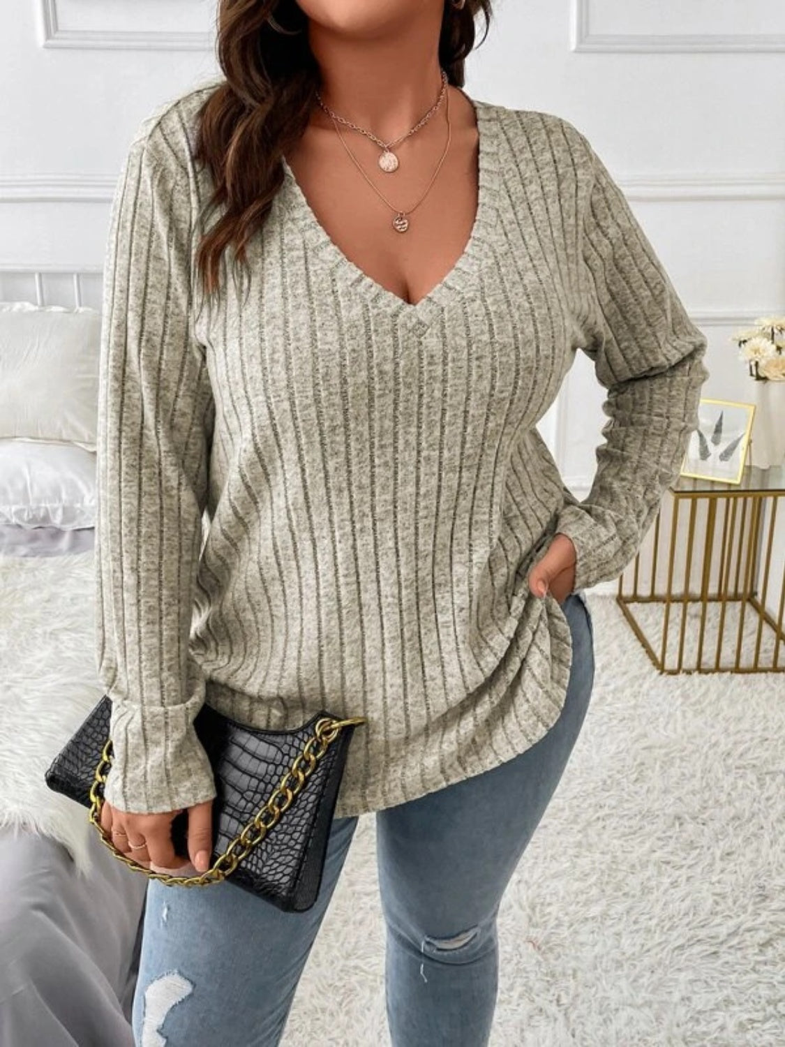 Plus Size V-Neck Long Sleeve T-Shirt - UrbanEthereal