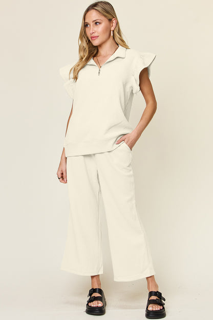 Double Take Texture Ruffle Short Sleeve Top and Drawstring Wide Leg Pants Set - UrbanEthereal