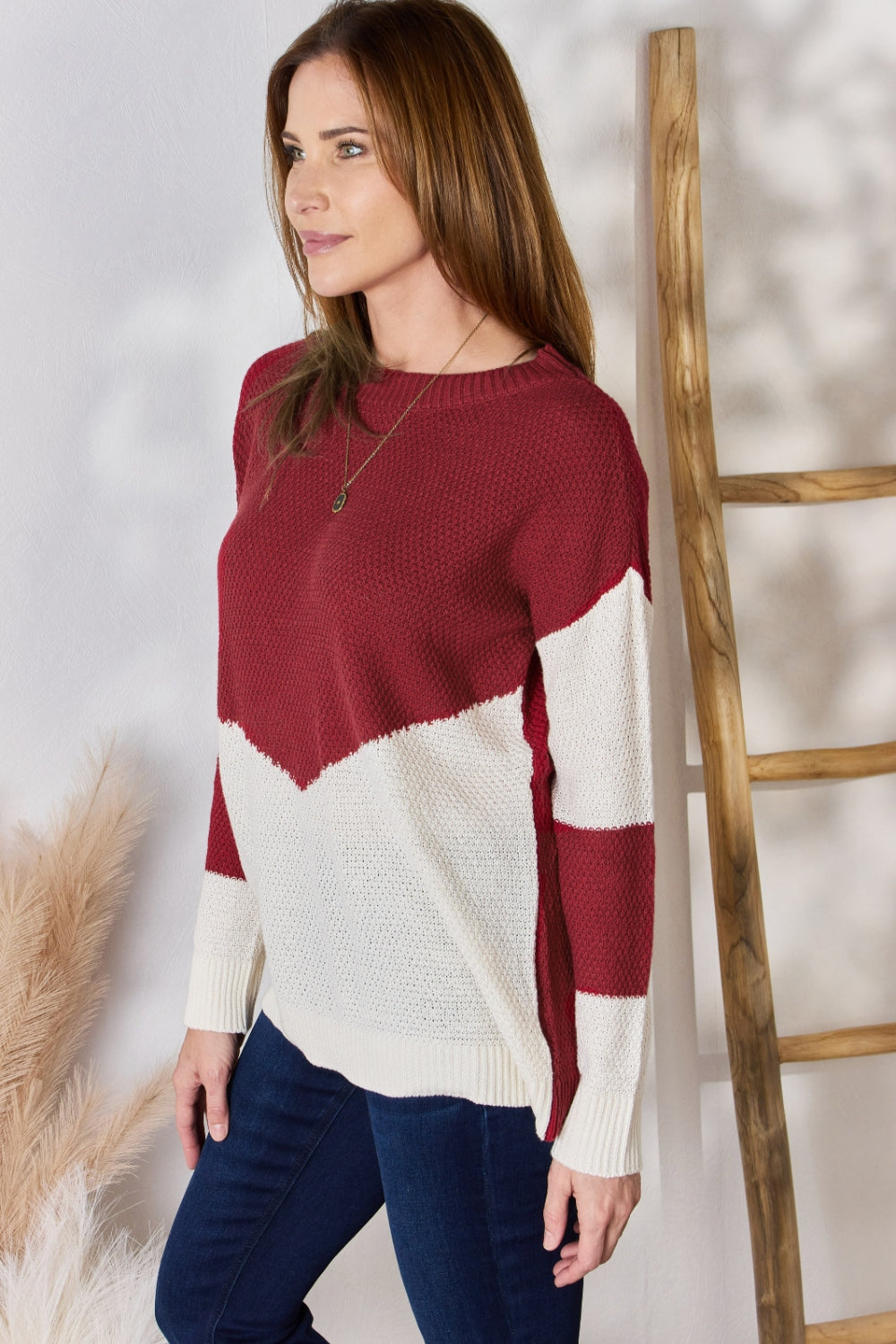 Hailey & Co Full Size Color Block Dropped Shoulder Knit Top - UrbanEthereal