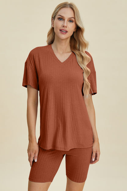 Basic Bae Full Size Ribbed V-Neck Short Sleeve Top and Shorts Set - UrbanEthereal