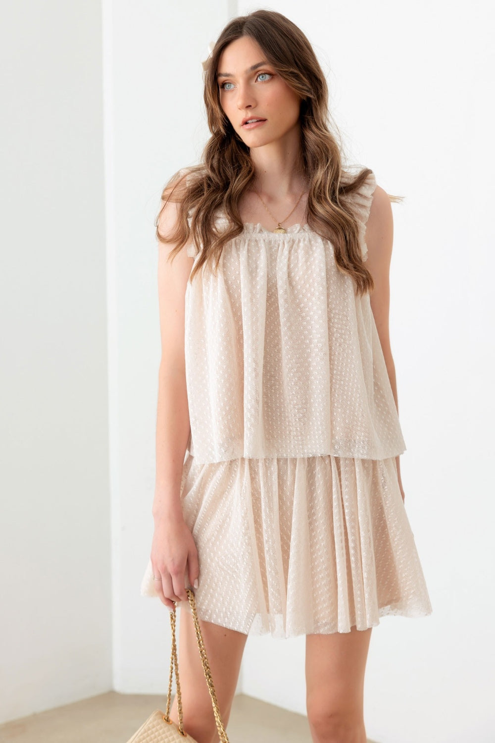 Mustard Seed Sheer Pin Dot Tank and Elastic Waist Skirt Set - UrbanEthereal