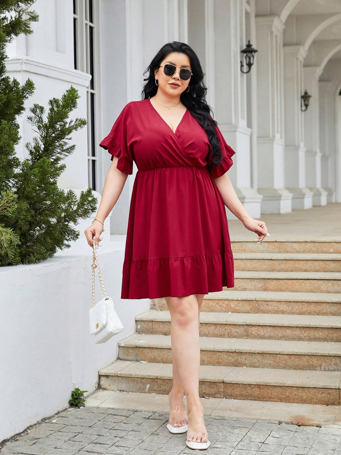 Plus Size Ruched Surplice Flounce Sleeve Mini Dress - UrbanEthereal