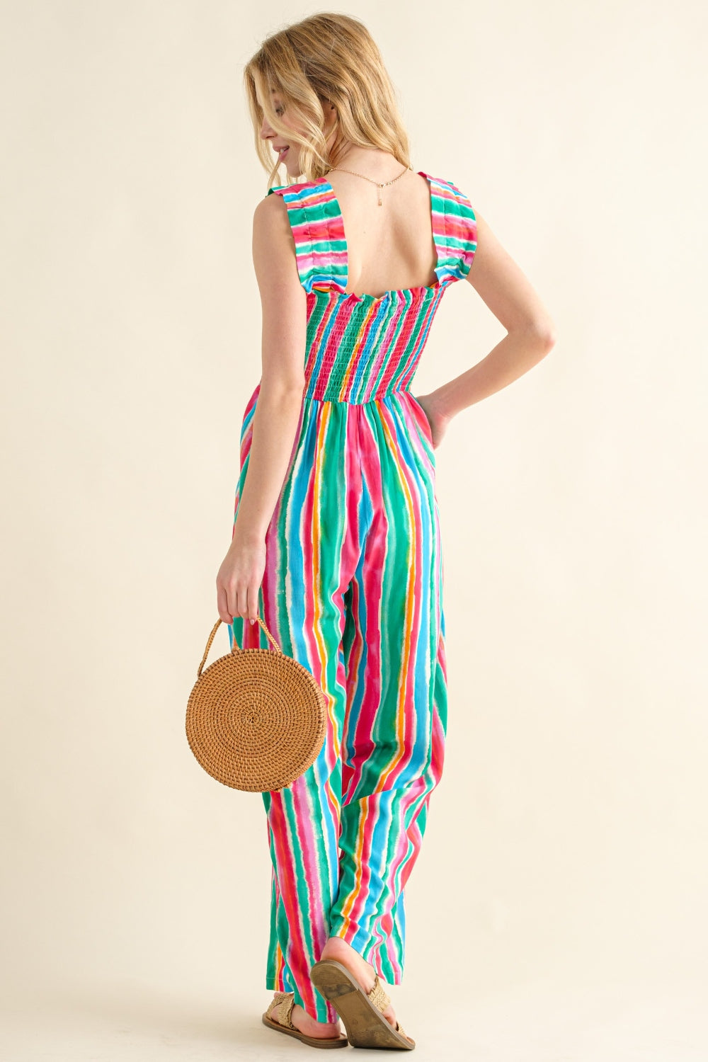 And The Why Full Size Striped Smocked Sleeveless Jumpsuit - UrbanEthereal
