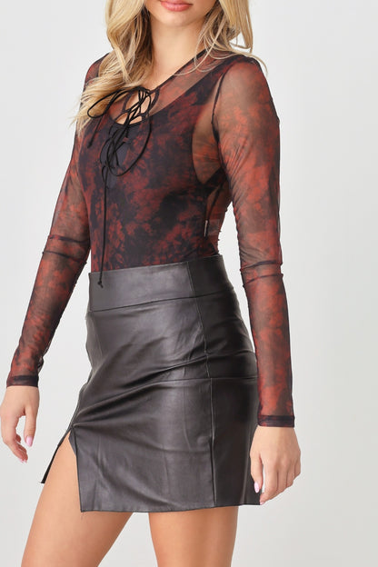 HERA COLLECTION Abstract Mesh Lace-Up Long Sleeve Bodysuit - UrbanEthereal