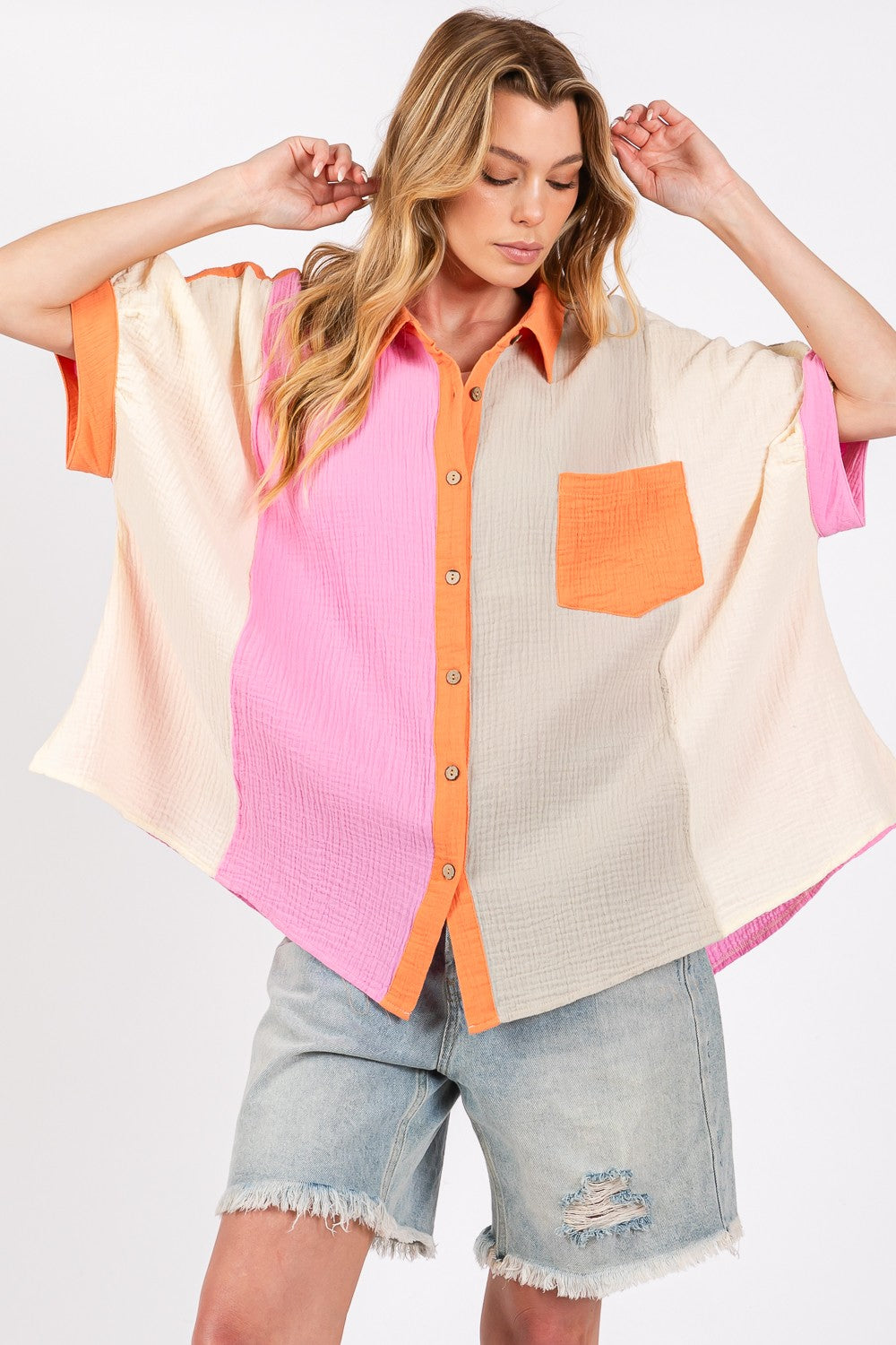 SAGE + FIG Full Size Color Block Button-Down Shirt