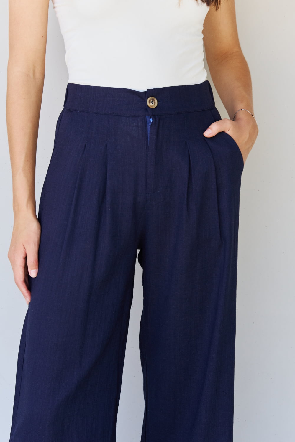 And The Why In The Mix Full Size Pleated Detail Linen Pants in Dark Navy - UrbanEthereal