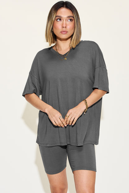 Basic Bae Full Size V-Neck Drop Shoulder T-Shirt and Shorts Set - UrbanEthereal