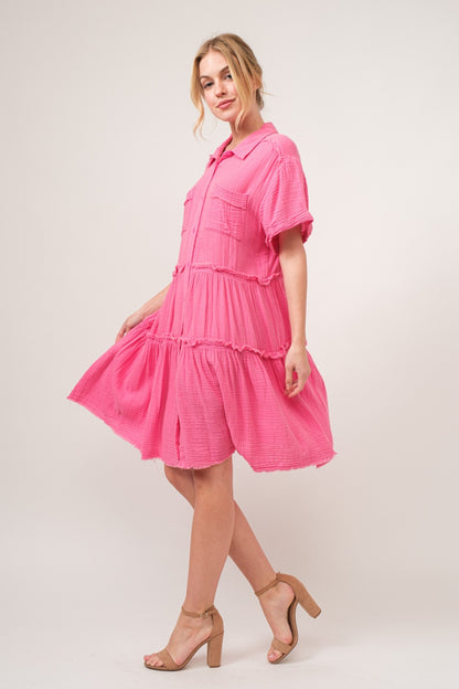 And The Why Full Size Raw Edge Washed Tiered Shirt Dress - UrbanEthereal