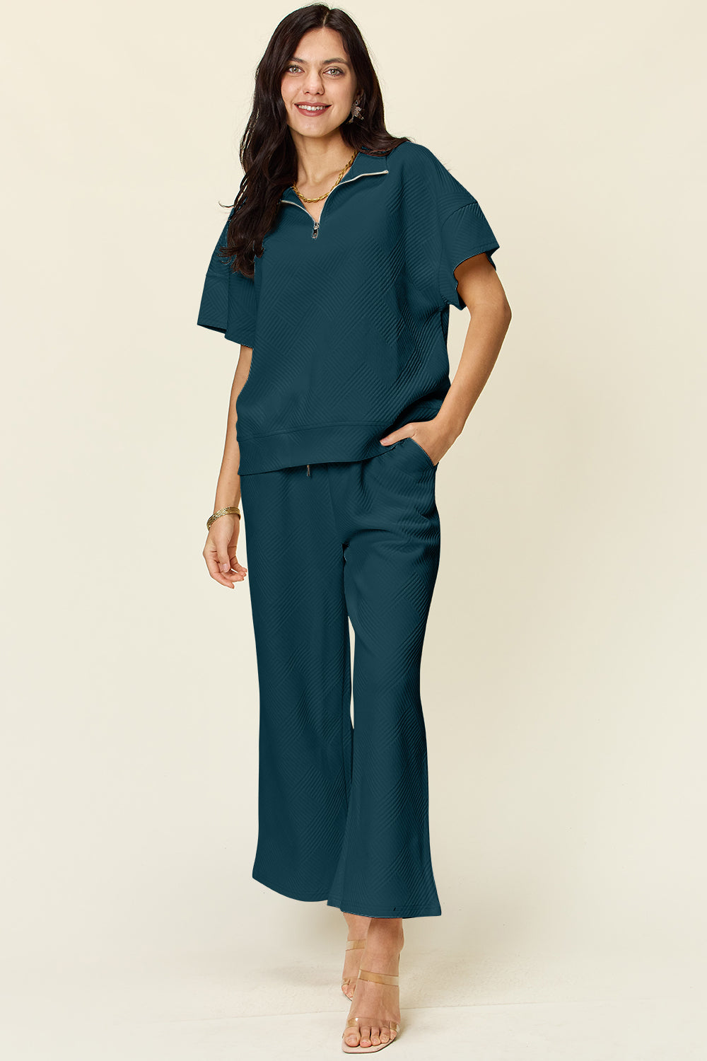 Double Take Full Size Texture Half Zip Short Sleeve Top and Pants Set - UrbanEthereal
