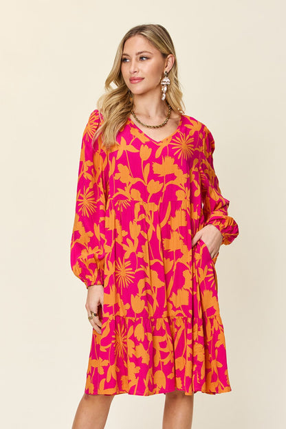 Double Take Full Size Printed Ruffle Hem Dress with Pocket - UrbanEthereal