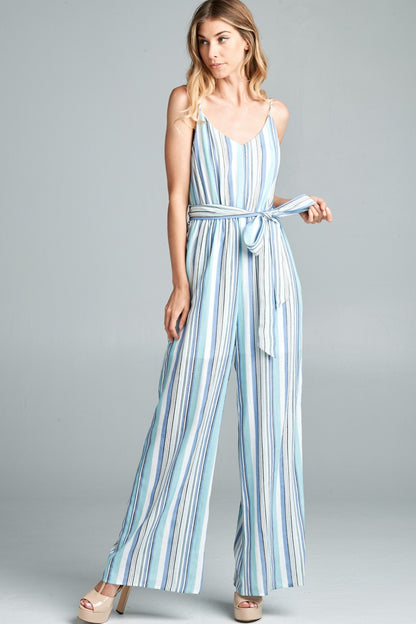 Cotton Bleu by Nu Label Tie Front Striped Sleeveless Jumpsuit - UrbanEthereal