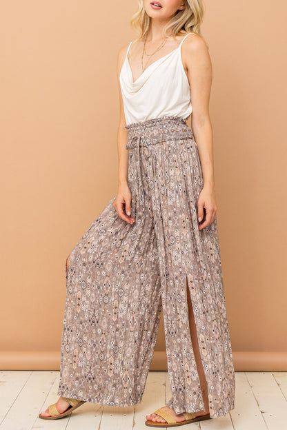 And The Why Printed Smocked Waist Slit Wide Leg Pants - UrbanEthereal