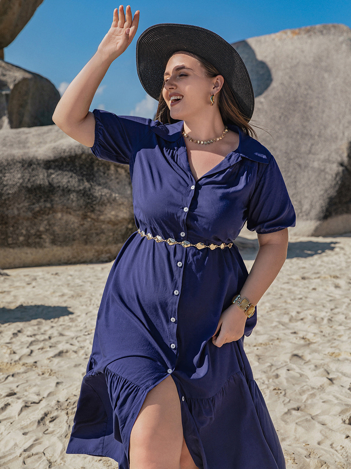 Plus Size Collared Neck Short Sleeve Midi Dress - UrbanEthereal